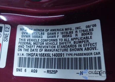 2006 Honda Civic Ex из США, поврежденный, VIN 1HGFA168X6L140091